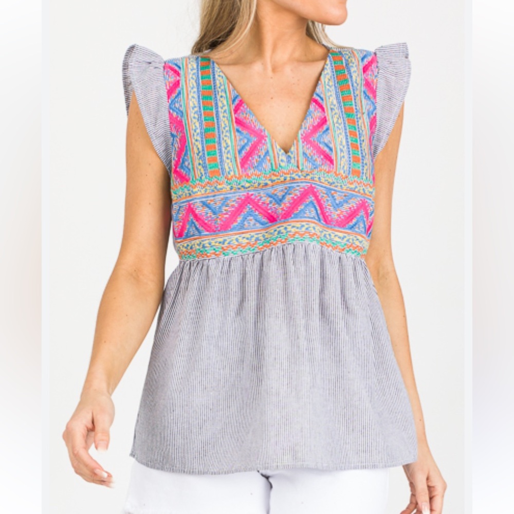 Savannah Jane pinstripe colorful embroidered flutter sleeve v-neck top Sz L - Picture 2 of 9